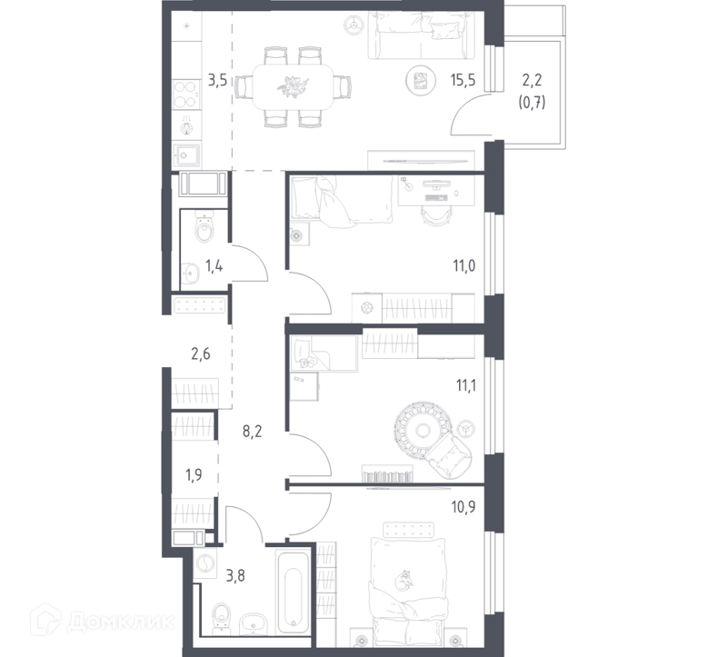 3-комнатная квартира 69.8 м² Мытищи Парк