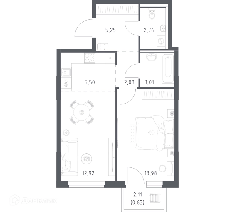 1-комнатная квартира 46.11 м² Пригород Лесное