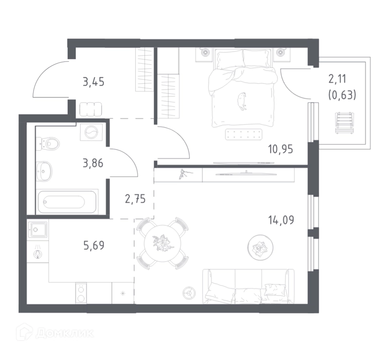 1-комнатная квартира 41.42 м² Пригород Лесное