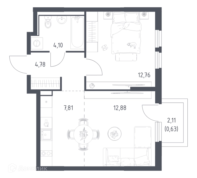 1-комнатная квартира 42.96 м² Пригород Лесное
