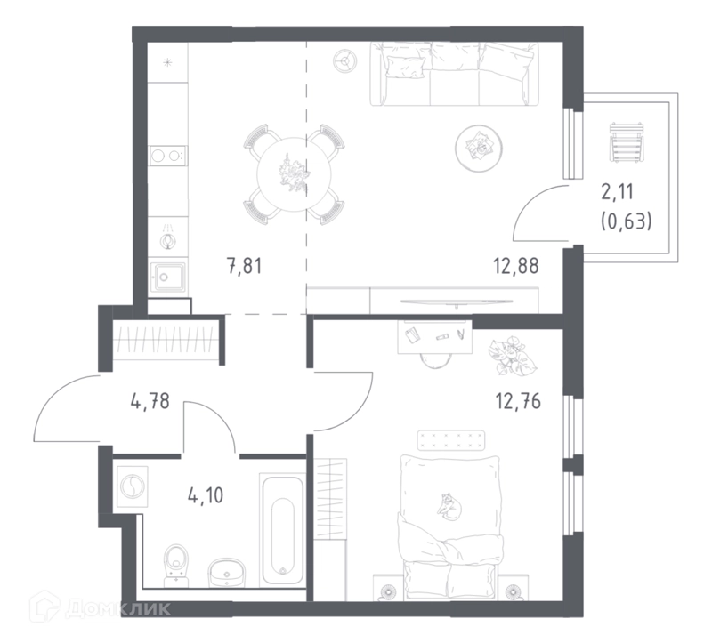 1-комнатная квартира 42.96 м² Пригород Лесное