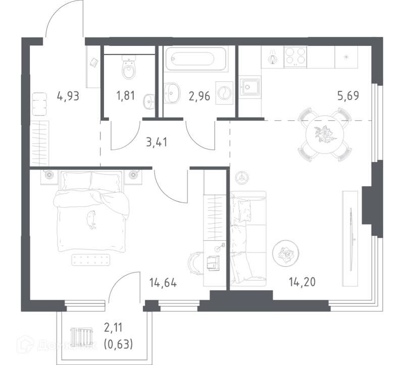 1-комнатная квартира 48.27 м² Пригород Лесное
