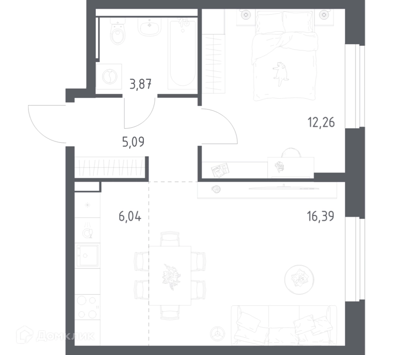 1-комнатная квартира 43.65 м² Пригород Лесное