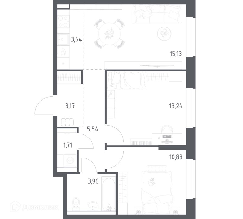 2-комнатная квартира 57.27 м² Пригород Лесное