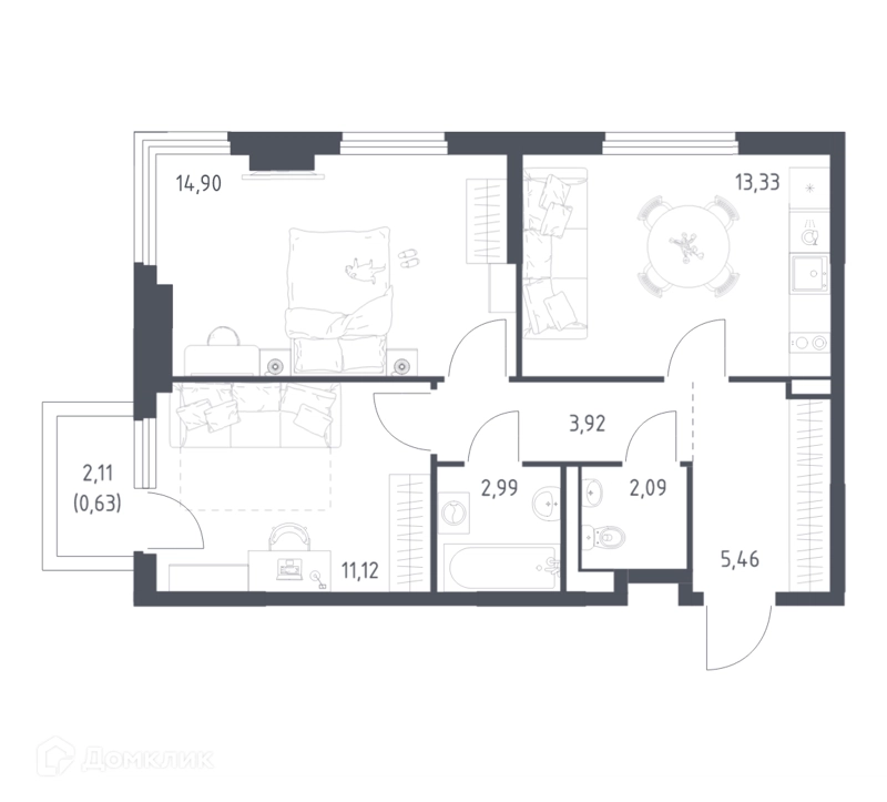 2-комнатная квартира 54.44 м² Пригород Лесное