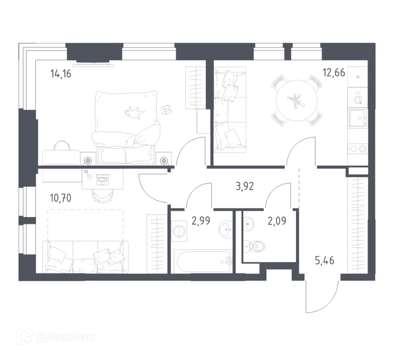 2-комнатная квартира 51.98 м² Пригород Лесное