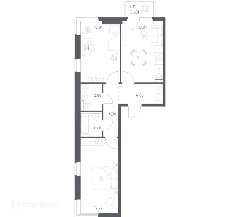2-комнатная квартира 57.86 м² Пригород Лесное