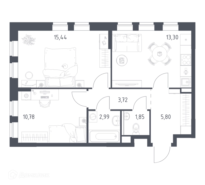 2-комнатная квартира 53.88 м² Пригород Лесное