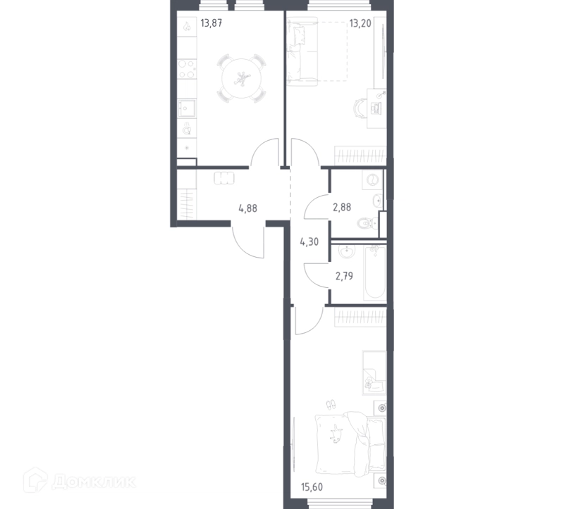 2-комнатная квартира 57.52 м² Пригород Лесное