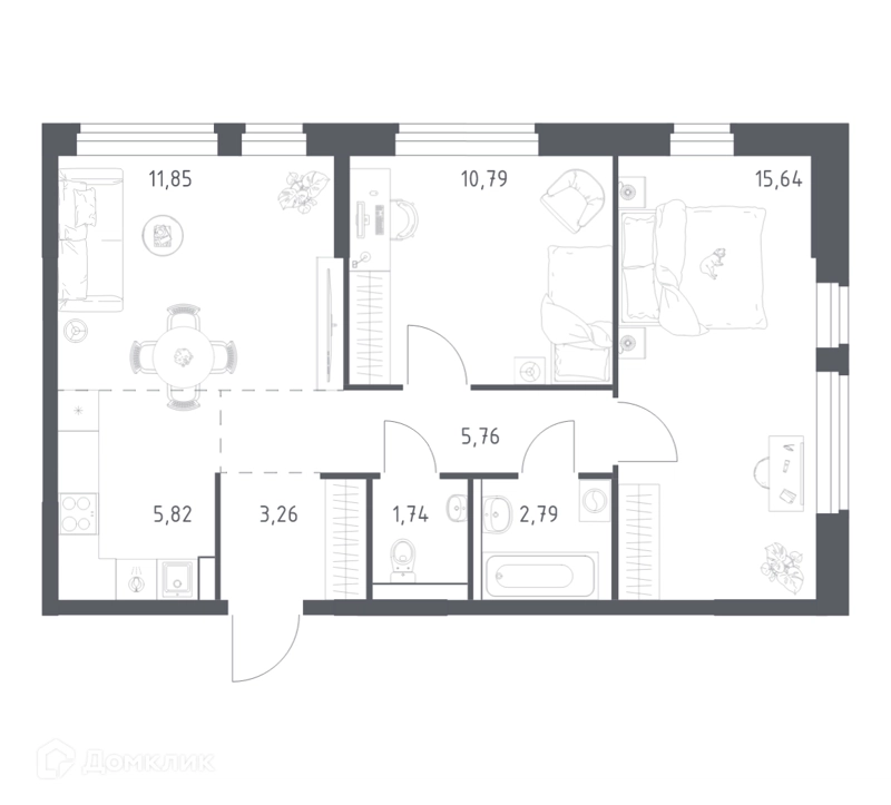 2-комнатная квартира 57.65 м² Пригород Лесное