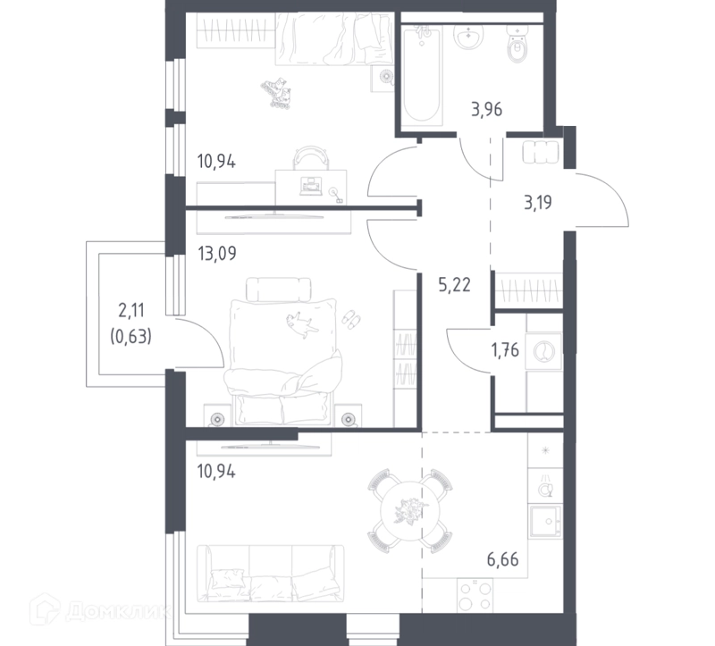 2-комнатная квартира 56.39 м² Пригород Лесное