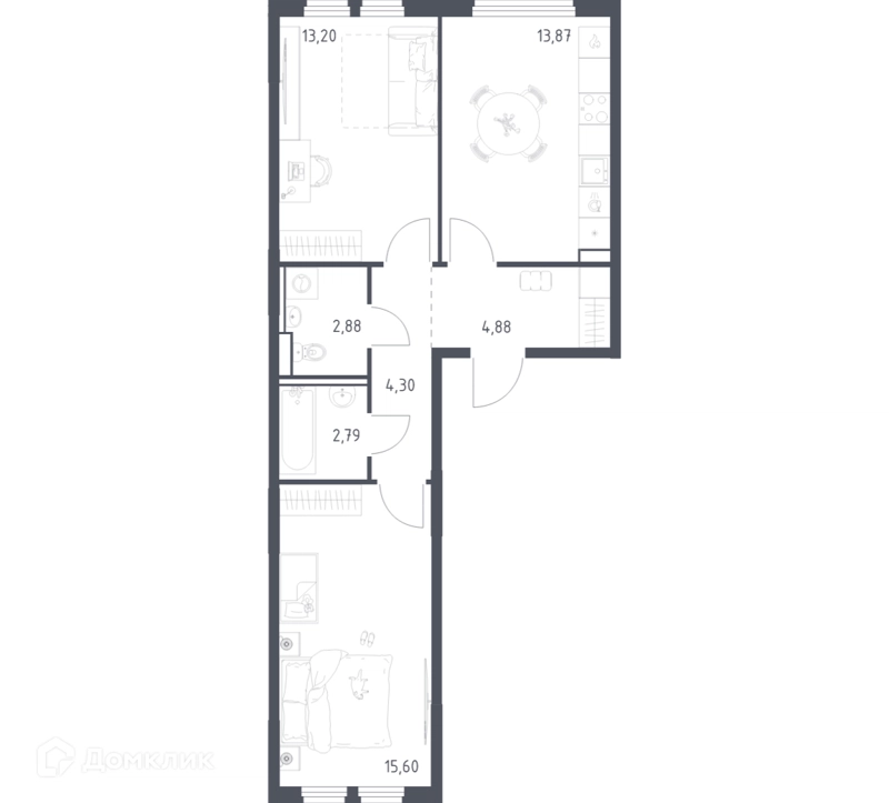 2-комнатная квартира 57.52 м² Пригород Лесное