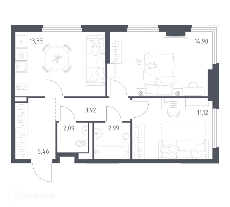 2-комнатная квартира 53.81 м² Пригород Лесное