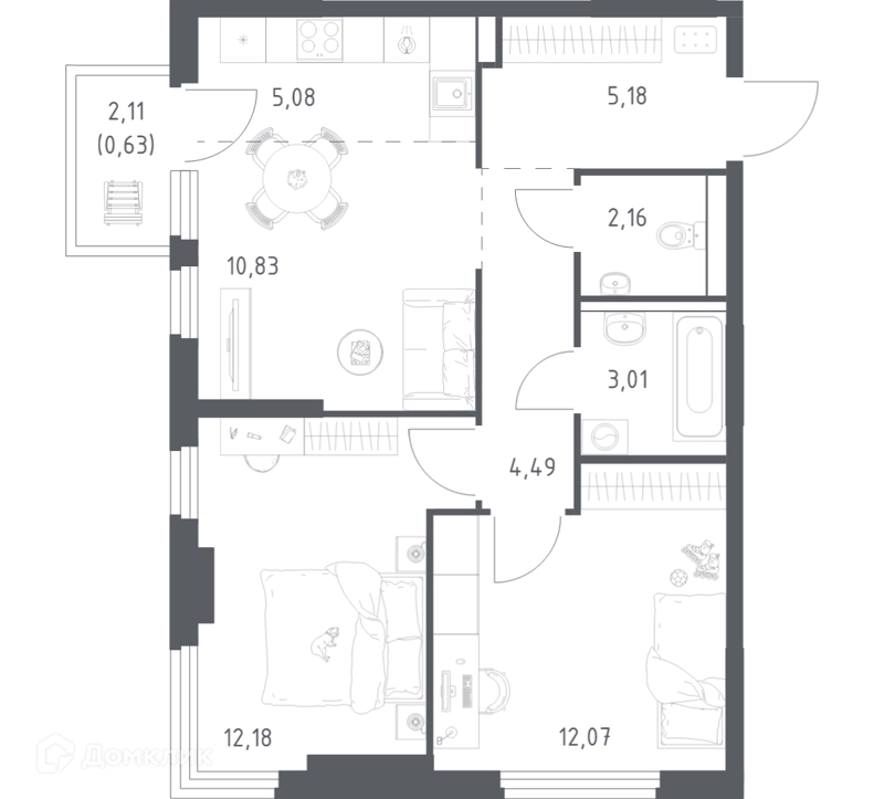 2-комнатная квартира 55.63 м² Пригород Лесное