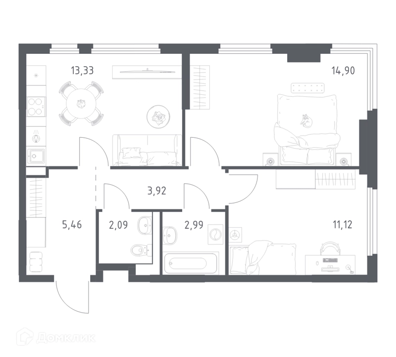 2-комнатная квартира 53.81 м² Пригород Лесное