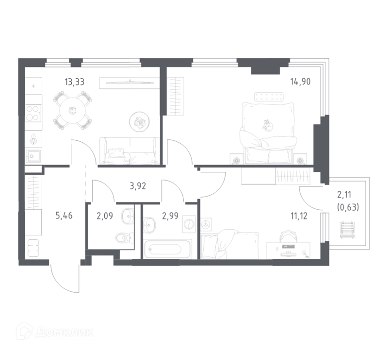 2-комнатная квартира 54.44 м² Пригород Лесное
