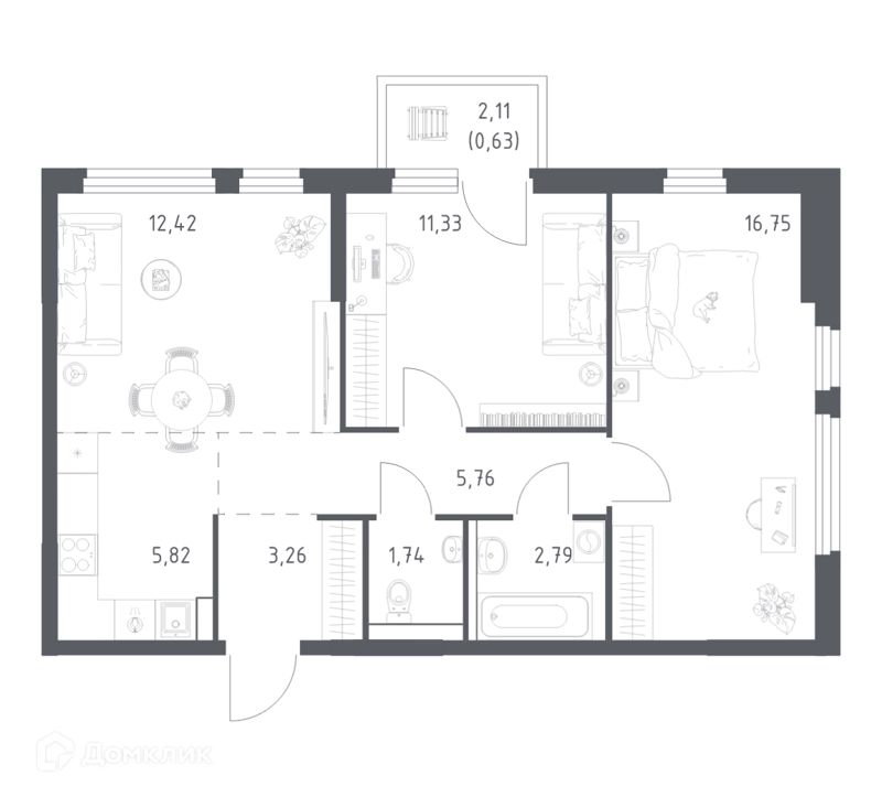 2-комнатная квартира 60.5 м² Пригород Лесное