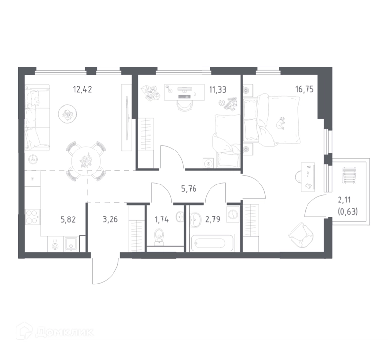 2-комнатная квартира 60.5 м² Пригород Лесное