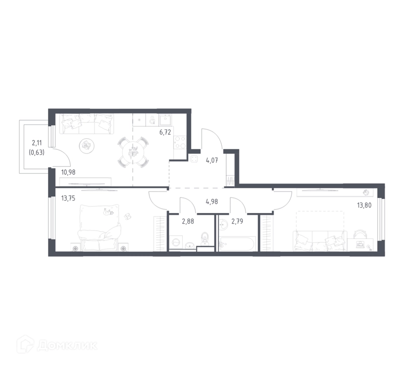 2-комнатная квартира 60.6 м² Пригород Лесное