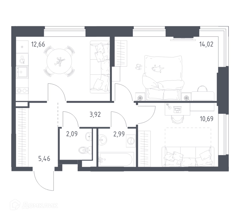 2-комнатная квартира 51.83 м² Пригород Лесное