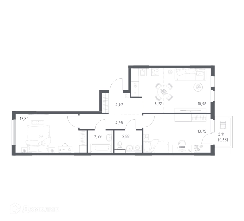2-комнатная квартира 60.6 м² Пригород Лесное
