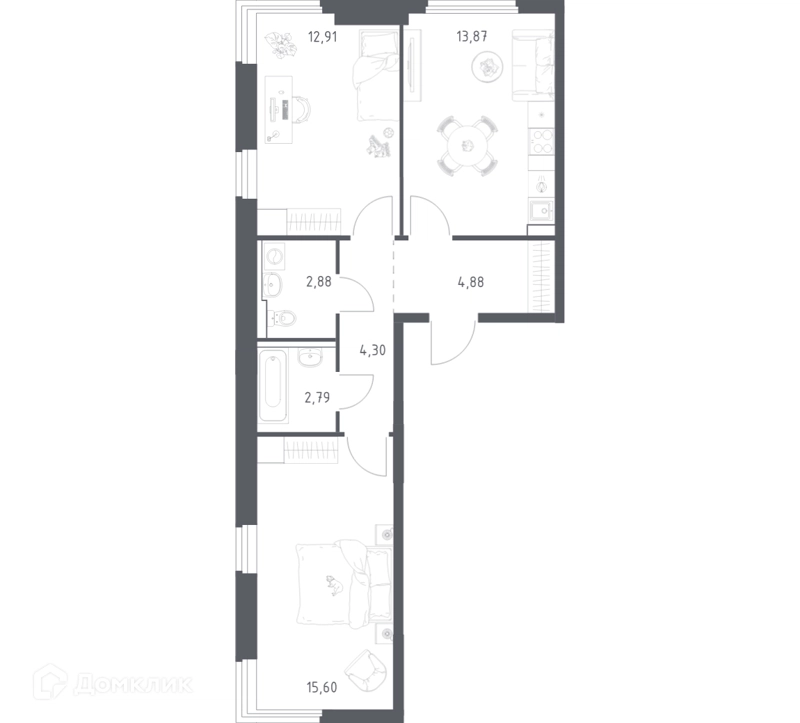2-комнатная квартира 57.23 м² Пригород Лесное