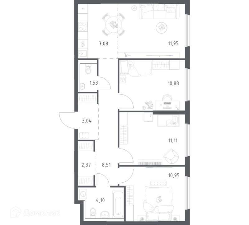 3-комнатная квартира 71.52 м² Пригород Лесное