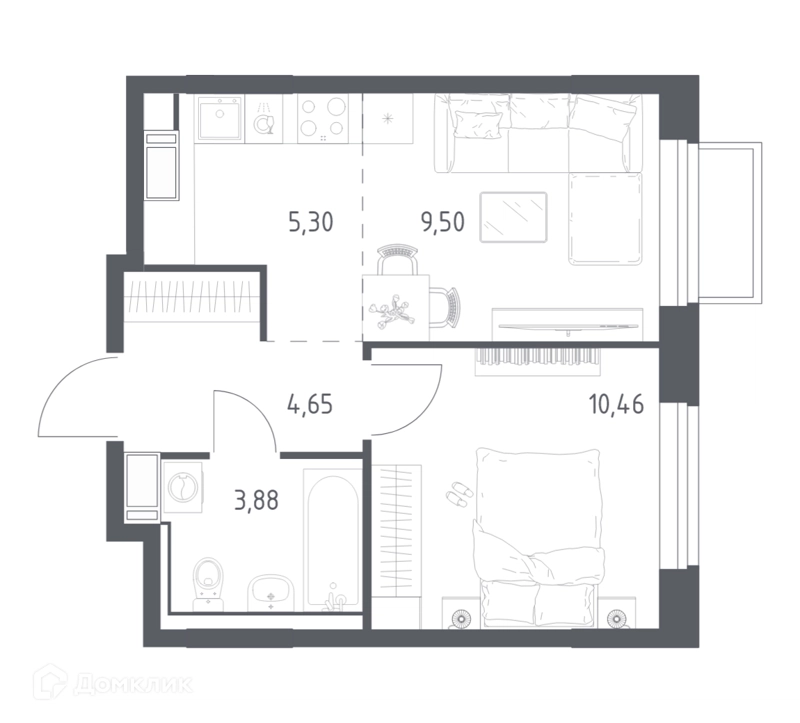 1-комнатная квартира 33.79 м² Томилино Парк