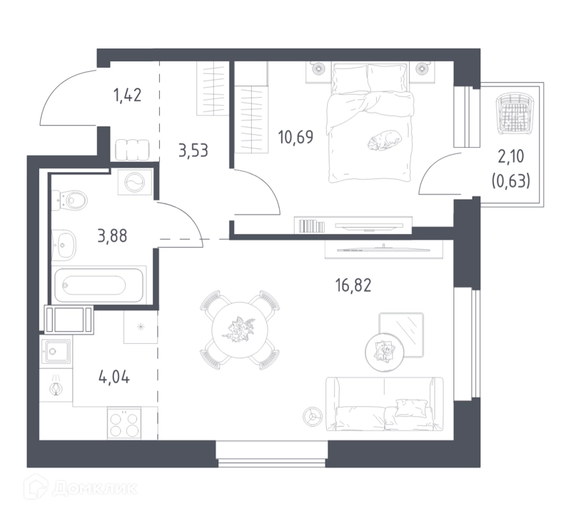 1-комнатная квартира 40.7 м² Томилино Парк