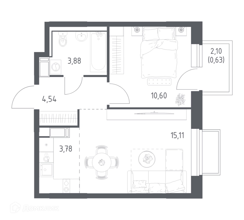 1-комнатная квартира 38.1 м² Томилино Парк
