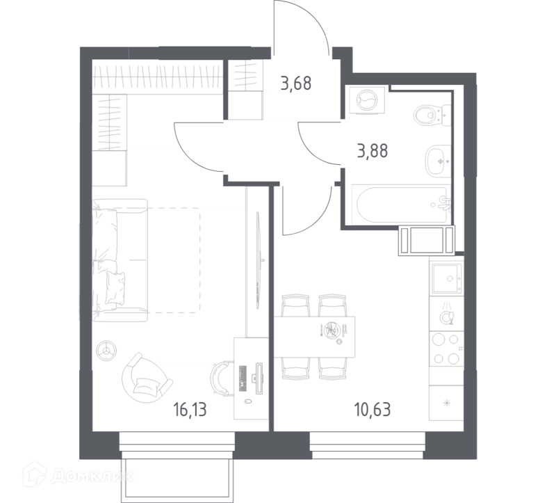 1-комнатная квартира 34.32 м² Томилино Парк