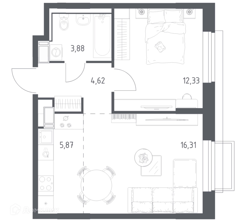1-комнатная квартира 43.01 м² Томилино Парк