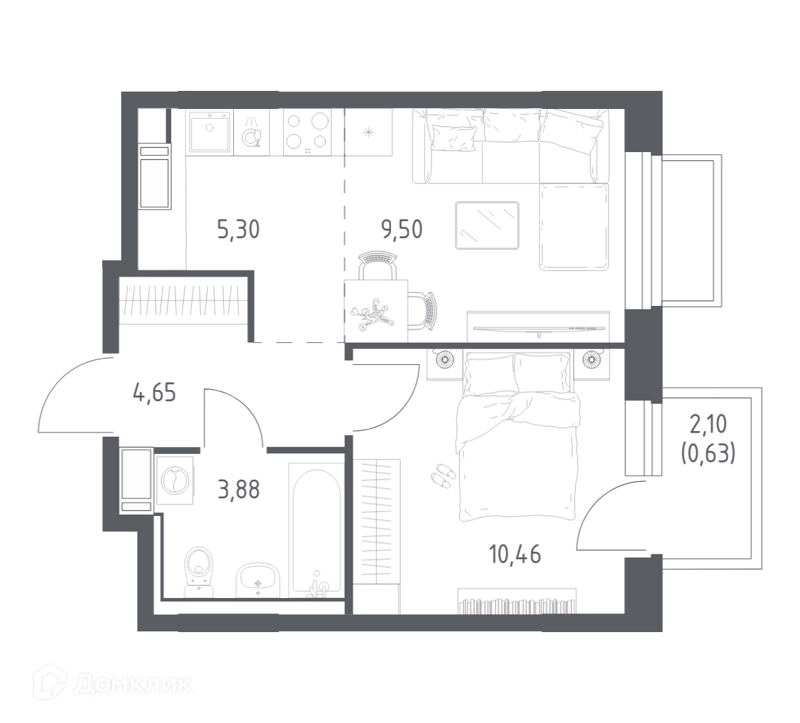 1-комнатная квартира 34.42 м² Томилино Парк