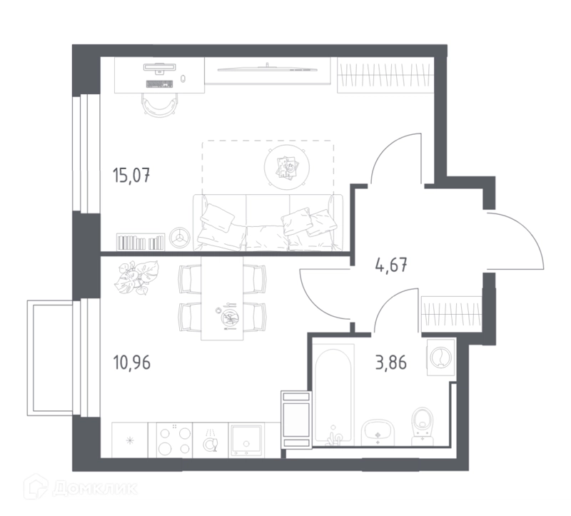 1-комнатная квартира 34.56 м² Томилино Парк
