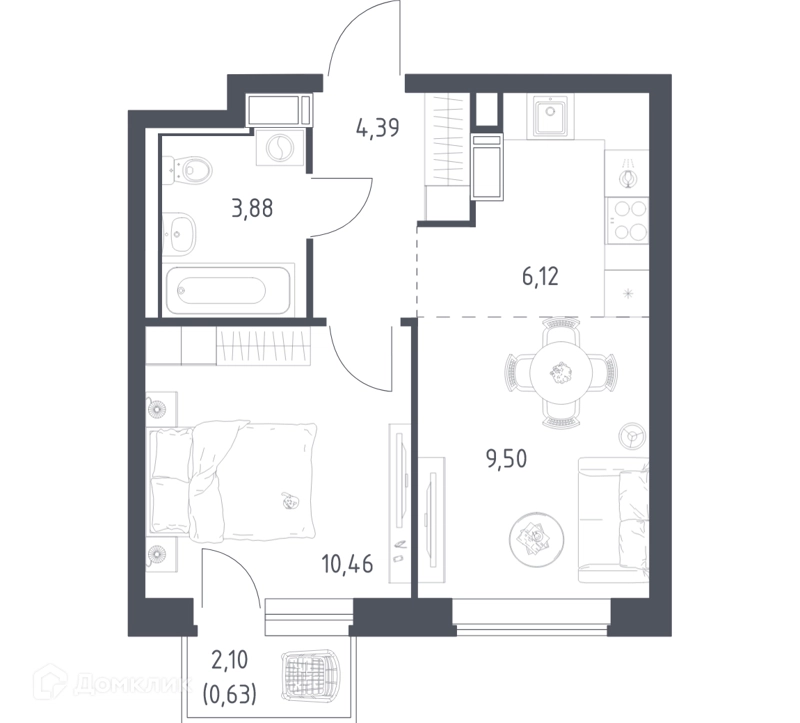 1-комнатная квартира 34.9 м² Томилино Парк