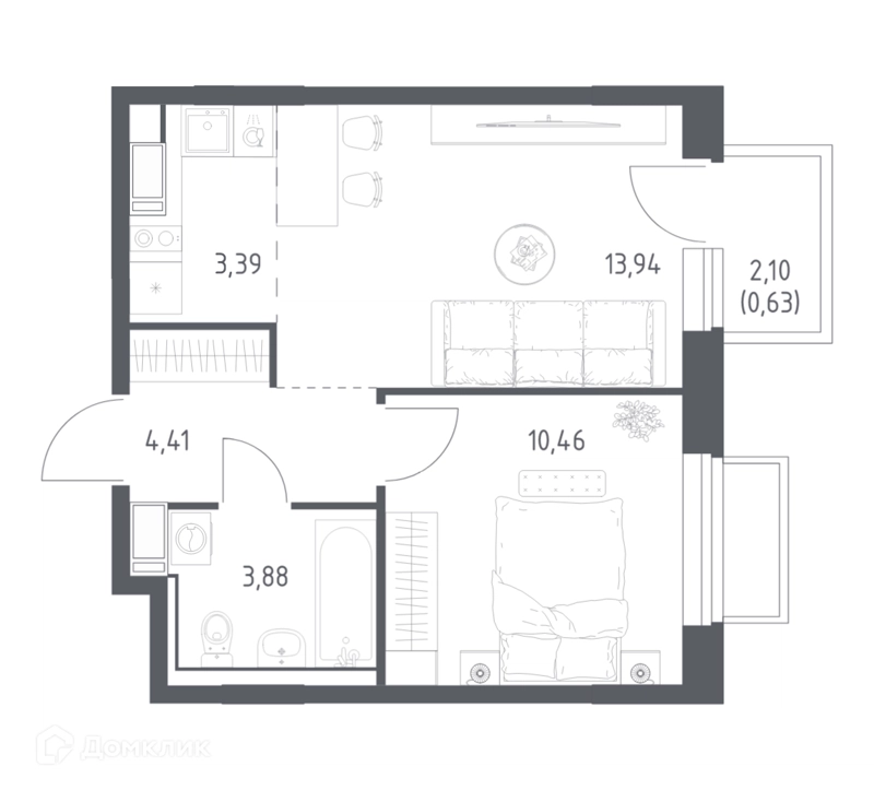 1-комнатная квартира 36.71 м² Томилино Парк