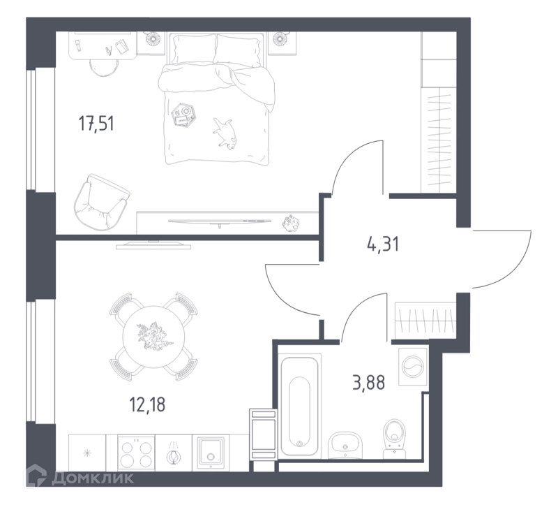 1-комнатная квартира 37.7 м² Томилино Парк