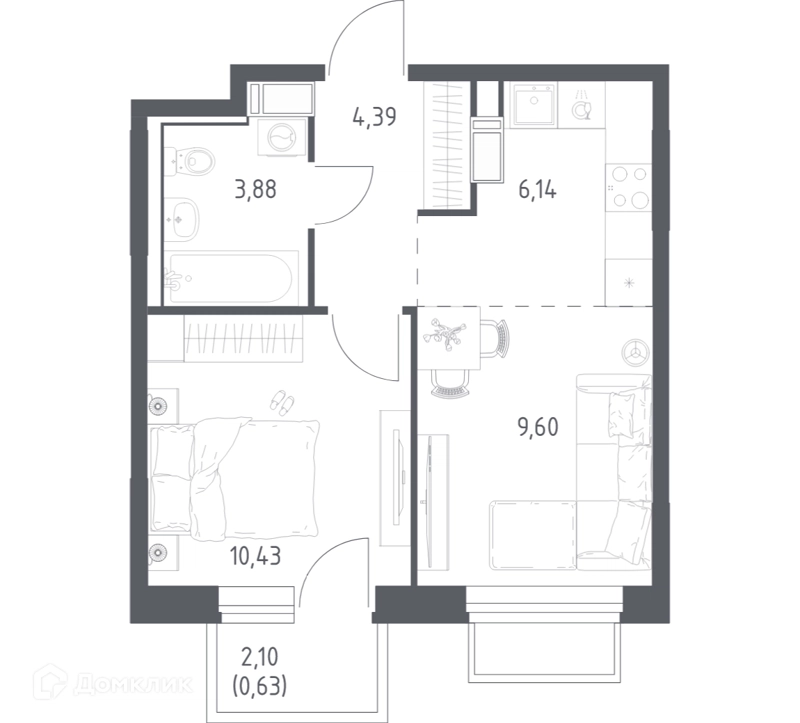 1-комнатная квартира 35.07 м² Томилино Парк