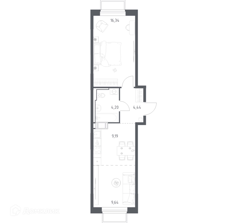 1-комнатная квартира 43.81 м² Томилино Парк