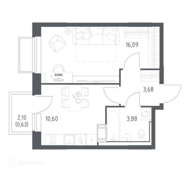 1-комнатная квартира 34.3 м² Томилино Парк