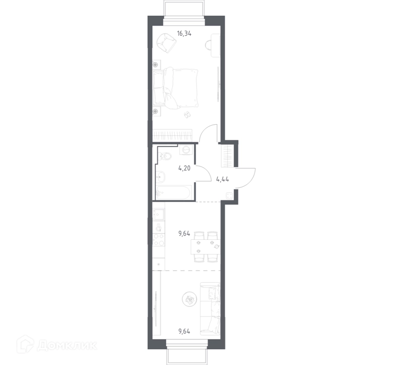 1-комнатная квартира 44.26 м² Томилино Парк