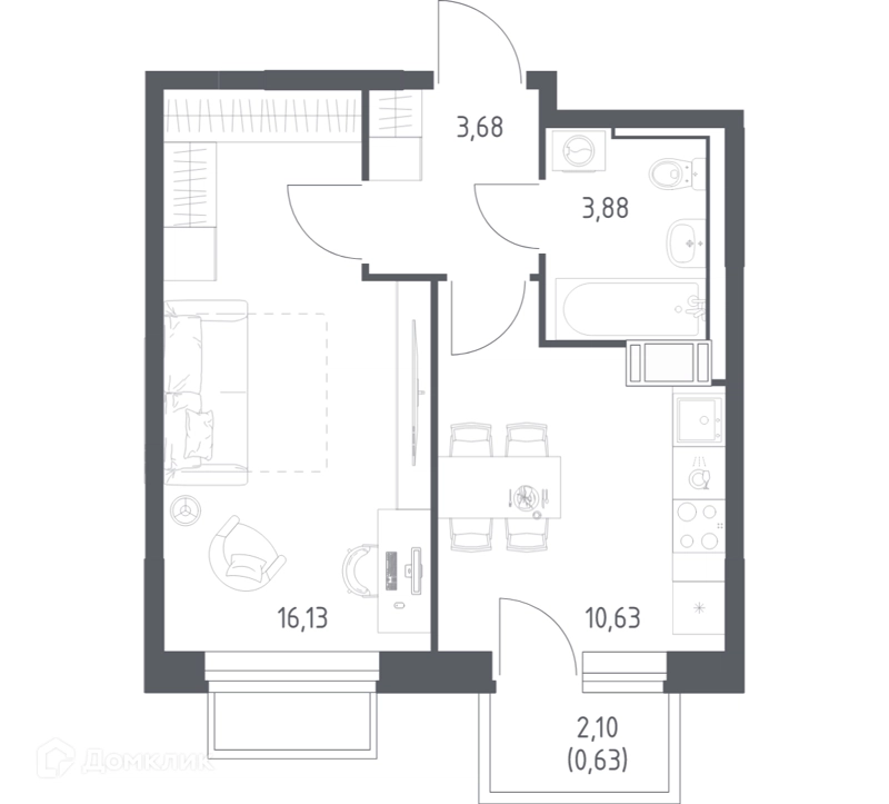 1-комнатная квартира 34.95 м² Томилино Парк