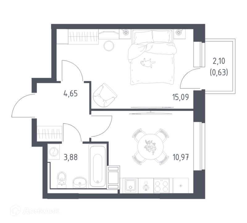 1-комнатная квартира 35.6 м² Томилино Парк