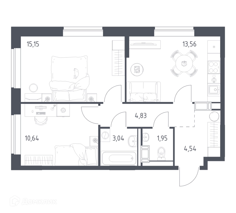 2-комнатная квартира 54 м² Томилино Парк
