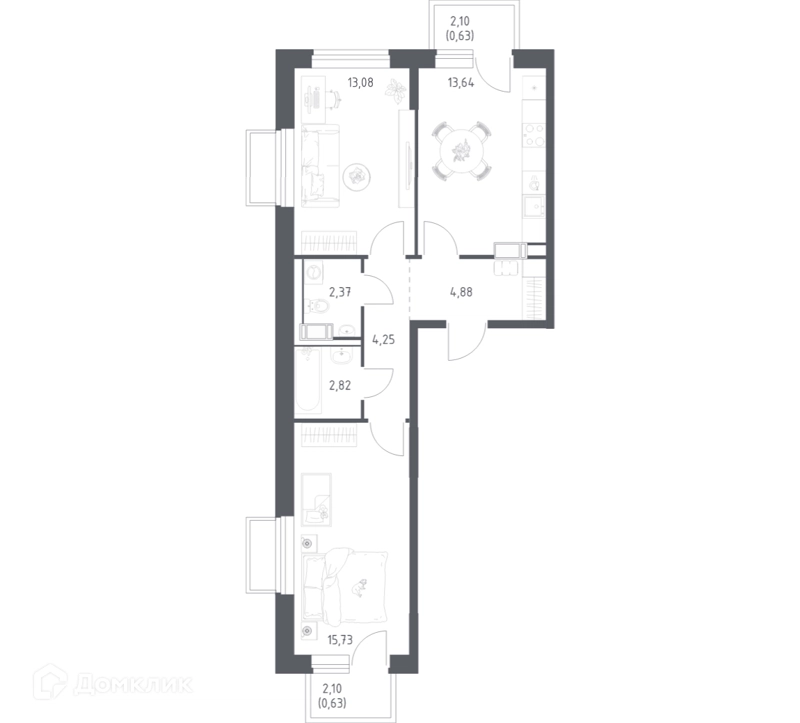 2-комнатная квартира 58.03 м² Томилино Парк