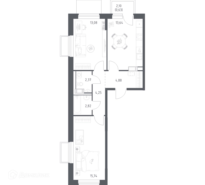 2-комнатная квартира 57.41 м² Томилино Парк