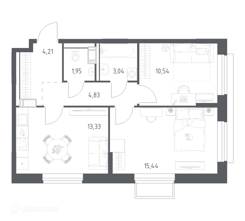 2-комнатная квартира 53.34 м² Томилино Парк