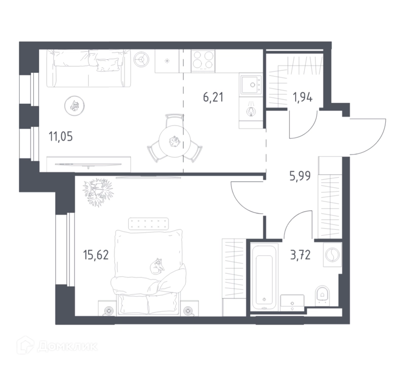 1-комнатная квартира 44.53 м² Заречье Парк