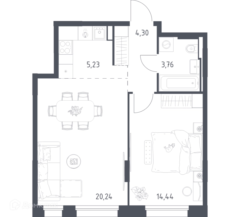 1-комнатная квартира 47.97 м² Заречье Парк