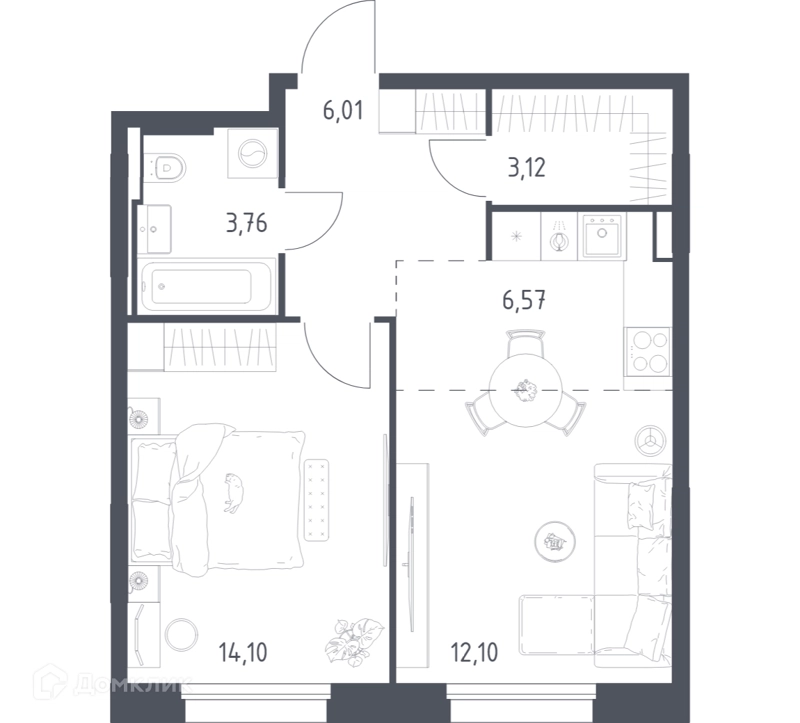 1-комнатная квартира 45.66 м² Заречье Парк